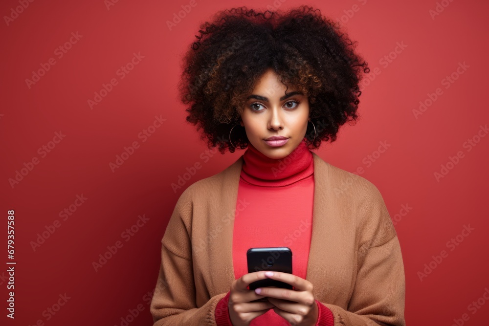 Studio portrait of beautiful African American woman with smartphone in red clothes against red background. Positive girl with Afro haircut texting message, enjoying online communication, using app. Studio portrait of beautiful African American woman with smartphone in red clothes against red background. Positive girl with Afro haircut texting message, enjoying online communication, using app.