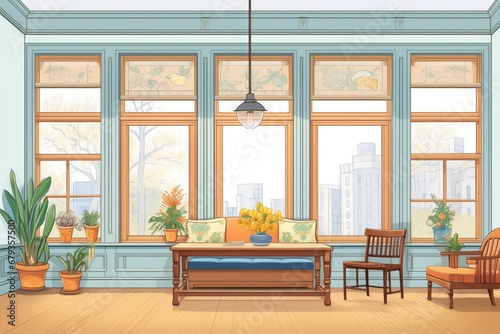 large windows of a dutch colonial house, focus on detail, magazine style illustration