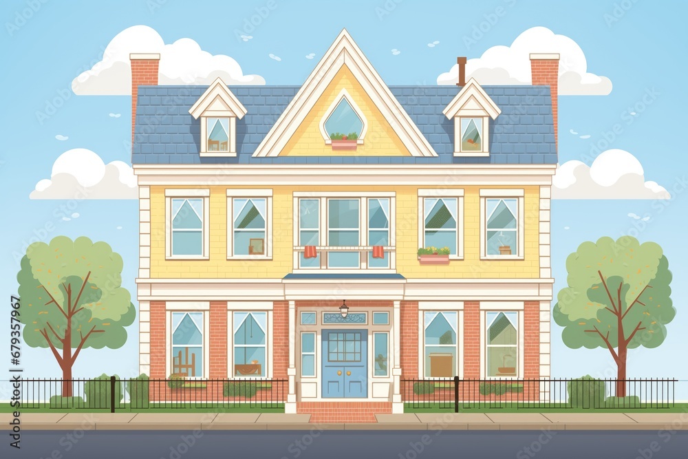 two-story dutch colonial house with squared symmetrical features, magazine style illustration