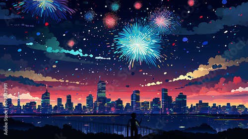 Illustration of colorful festive fireworks in dark evening sky. background for winter holiday  Xmas  New Year  Independence day  carnival  birthday.