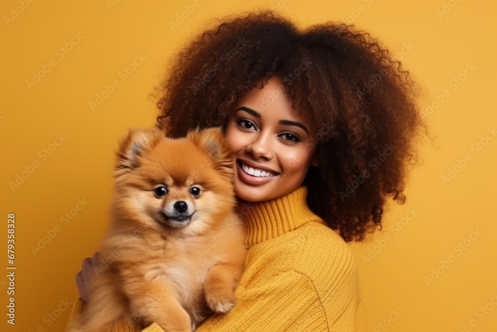 Portrait of smiling young woman with afro hairstyle in yellow sweater posing with cute Pomeranian spitz puppy. Happy girl hugging her beloved pet. Love between human and dog. Yellow studio background.