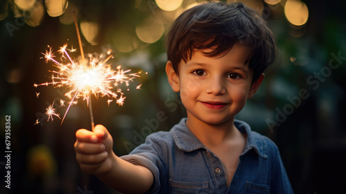 A joyful child holding a lit sparkler, smiling brightly against a backdrop of evening light with a bokeh effect. © MP Studio