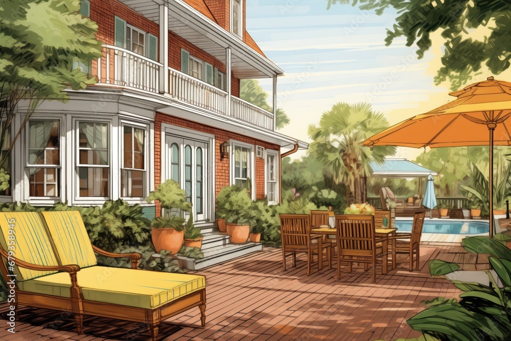 dutch colonial house with patio setting, magazine style illustration