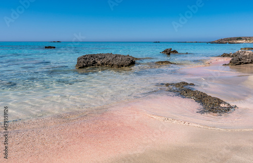 Fototapeta Naklejka Na Ścianę i Meble -  Beautiful view of Elafonisi Beach, Chania. The amazing pink beach of Crete. Elafonisi island is like paradise on earth with wonderful beach with pink coral and turquoise waters.