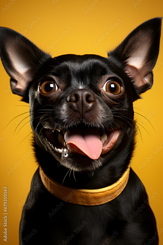 Comic studio portrait of a dog on a vibrant yellow background.