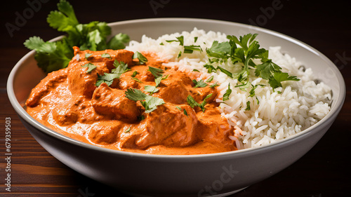 A bowl of chicken tikka masala with creamy tomato sauce, tender chicken, and basmati rice