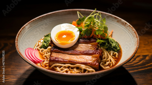A bowl of ramen noodles with a rich broth, pork belly, and a soft-boiled egg