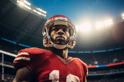 Close-up of professional American football player wearing helmet against the background of stadium stand. Determined, powerful, skilled African American athlete focused and ready to win the game.
