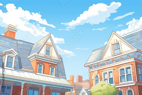 dutch colonial architecture under clear blue sky, focus on dormer windows, magazine style illustration