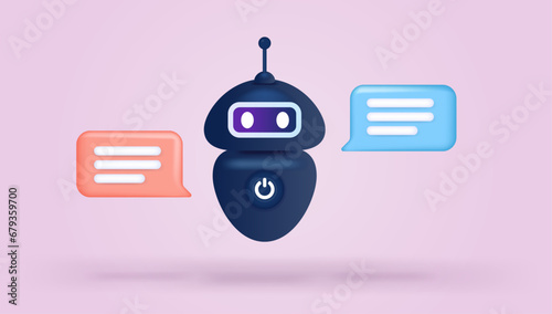 Chatbot vector illustration - Ai robot character with speech bubbles in semi flat design on light pink background