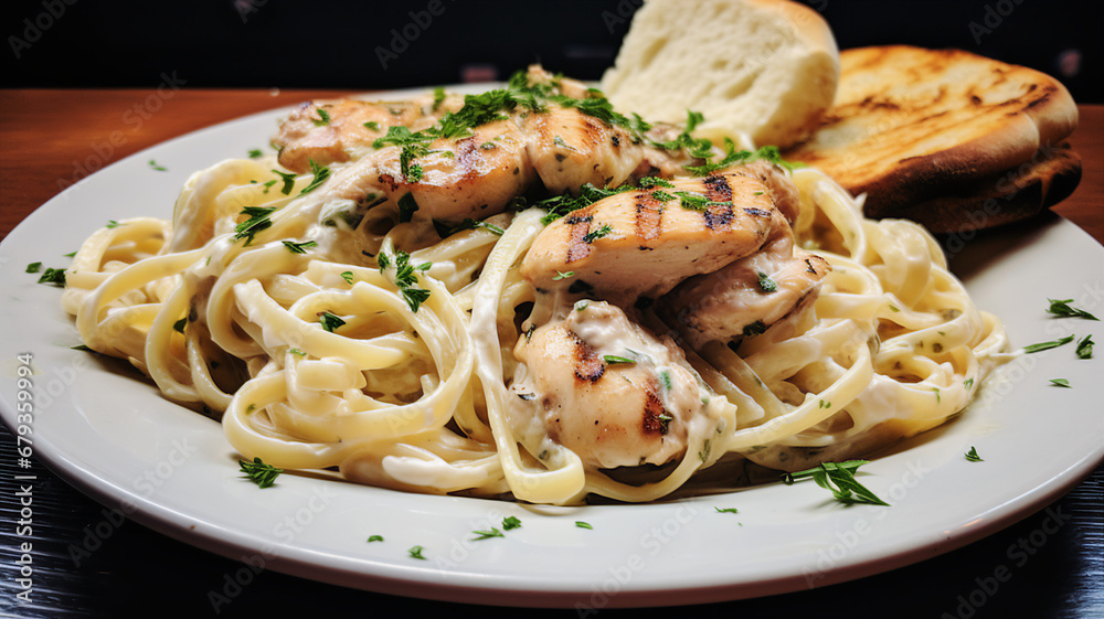 Pasta with a creamy Alfredo sauce and grilled chicken, with a side of garlic bread Pasta with a creamy Alfredo sauce and grilled chicken, with a side of garlic bread