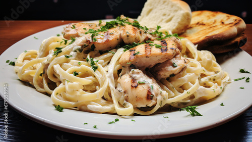 Pasta with a creamy Alfredo sauce and grilled chicken, with a side of garlic bread