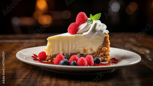 cheesecake with a creamy filling and a graham cracker crust, with a side of berries and whipped cream. photo