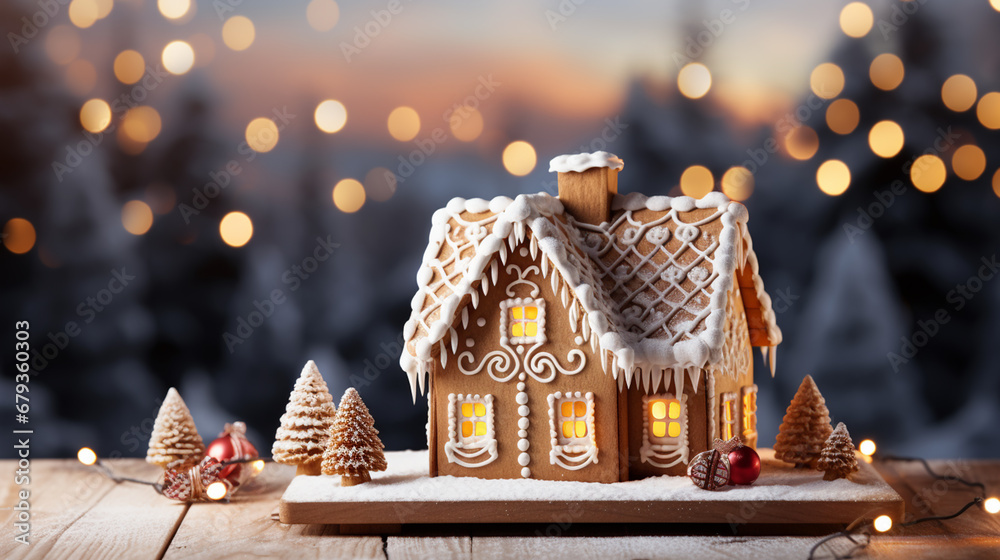Christmas house made from ginger cookies with in Christmas spirit with tree in background Christmas house made from ginger cookies with in Christmas spirit with tree in background