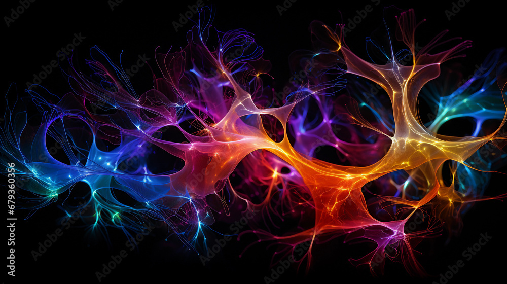 Abstract visualization of neural connections in the brain, vibrant colors representing neurotransmitters, high contrast, electric ambiance