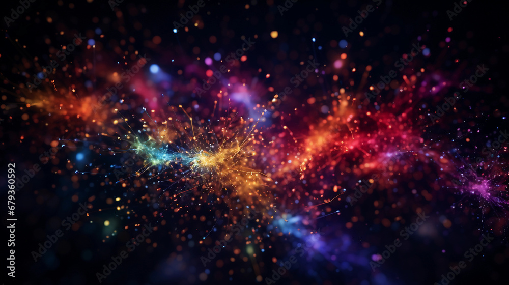 Energetic particles depicting the concept of antioxidants, set in a black space, iridescent color palette, bokeh effects