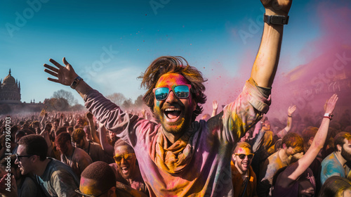 Hindu Holi Festival, high-speed capture, vibrant powders mid-air, ecstatic faces, wide-angle shot