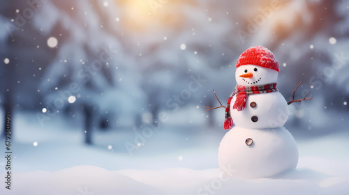 Merry Christmas and Happy New Year greeting card with copy-space. Happy snowman standing in Christmas landscape. Snow background. Winter fairytale - Generated by Generative AI © Zubenko Oleksii
