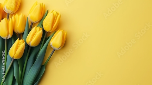 yellow tulips on a color background, top view, spring bouquet #679360922