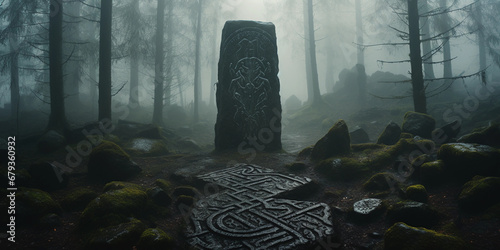  Norse Runes, carved into stone, surrounded by abstract runic patterns, moody, misty forest background