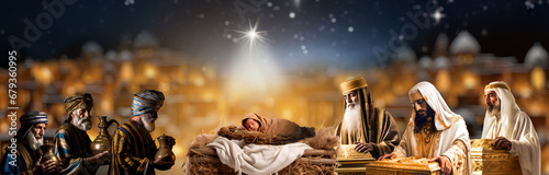 Christmas story the Magi five kings brought gifts to the baby Jesus in the Christmas manger photo