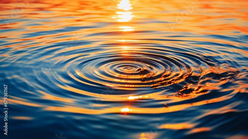 Sunrise abstracted into concentric circles, echoing ripples of water, shades of orange and blue, tranquil