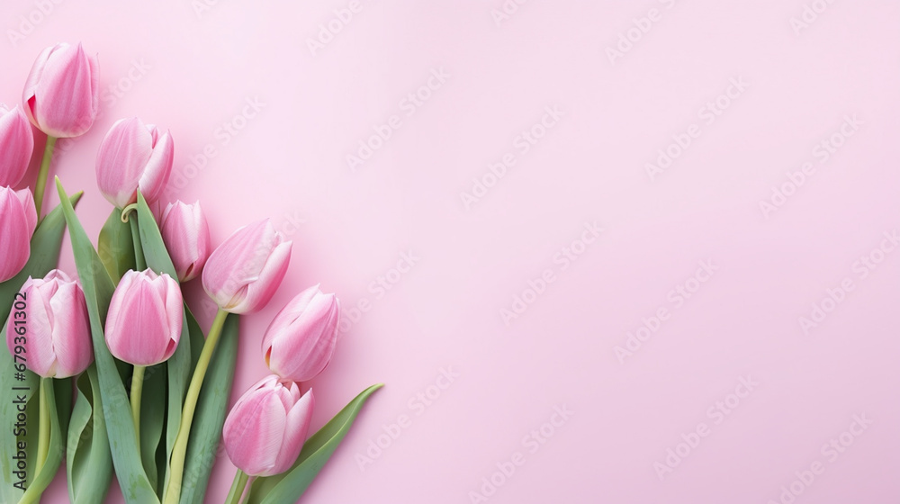 festive layout with tulips on a color background. flat lay. copy space. top view.