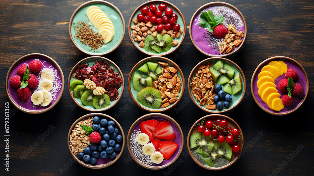 Colorful Fruit Smoothie Bowls with Granola Colorful Fruit Smoothie Bowls with Granola