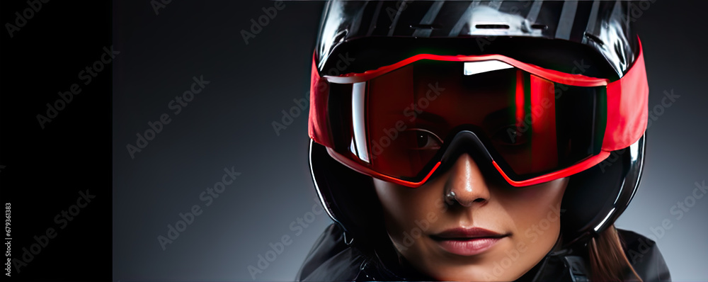 Portrait of woman skier with helmet and gloves. Winter skier detail concept. Portrait of woman skier with helmet and gloves. Winter skier detail concept.