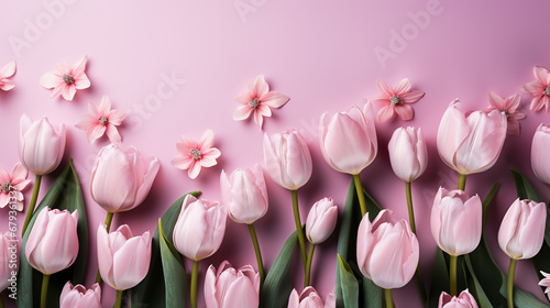 festive layout with tulips on a color background. flat lay. copy space. top view. photo