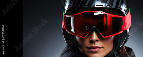 Portrait of woman skier with helmet and gloves. Winter skier detail concept.