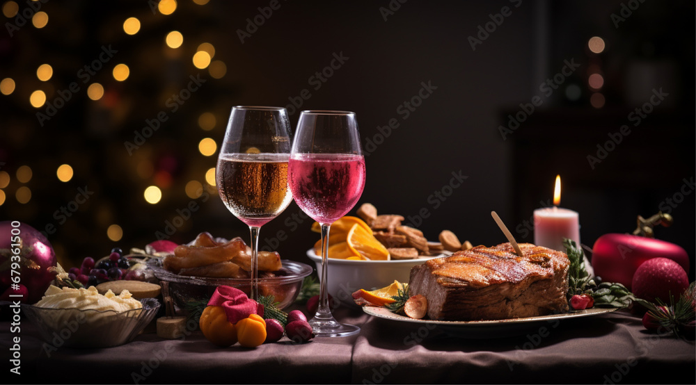 christmas dinner with beverages and snacks, a table is set with christmas food