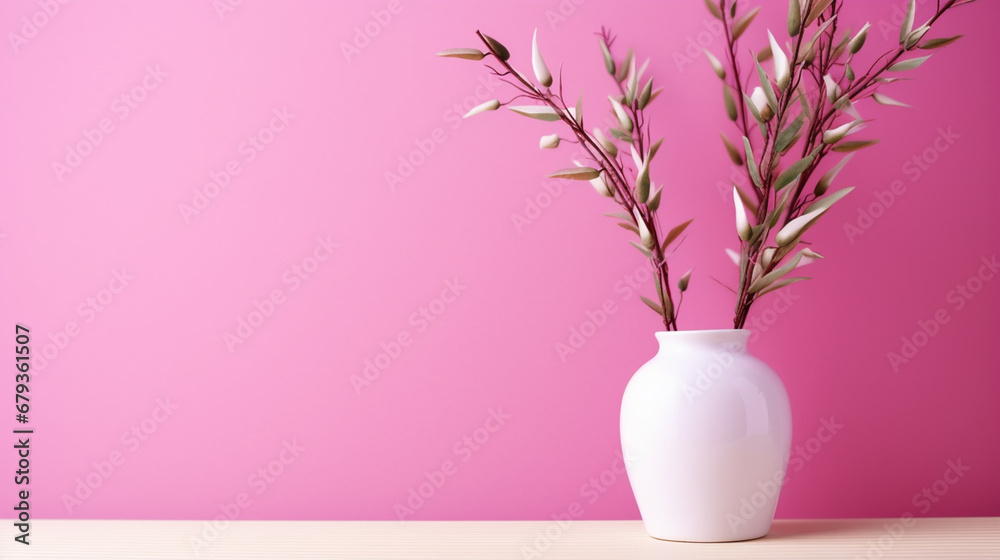 Verba, willow fur seals in a vase on a pink wall background and on a white shelf. Home light decor. Valentine's Day, Easter, Mother's Day Background.