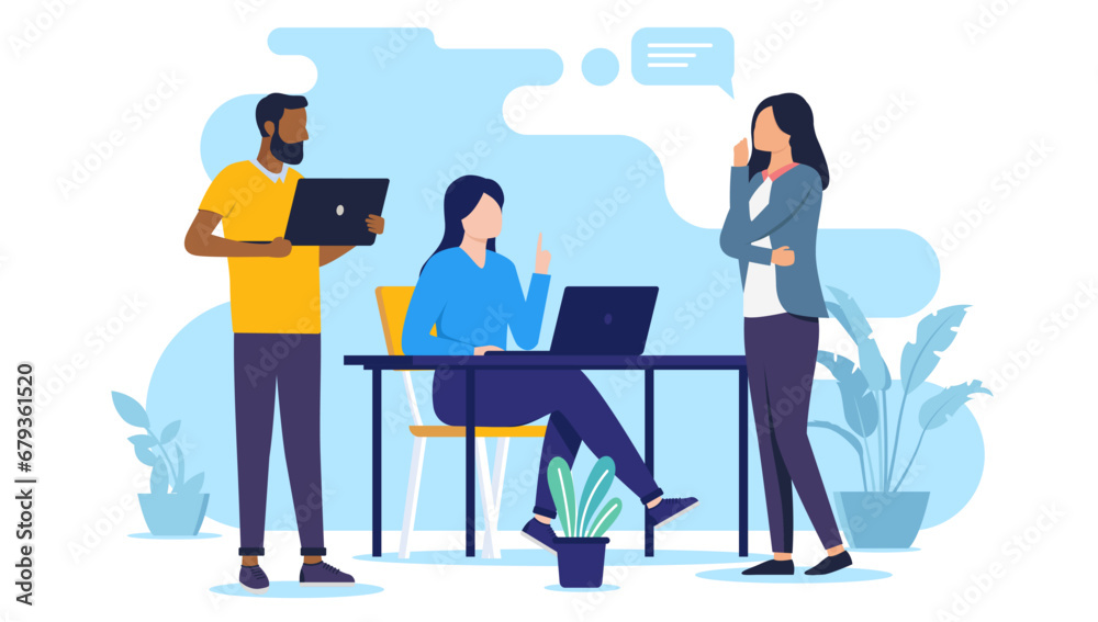 Office talk at desk - Team of businesspeople working with computers having conversation and dialogue together at work. Flat design vector illustration with white background Office talk at desk - Team of businesspeople working with computers having conversation and dialogue together at work. Flat design vector illustration with white background