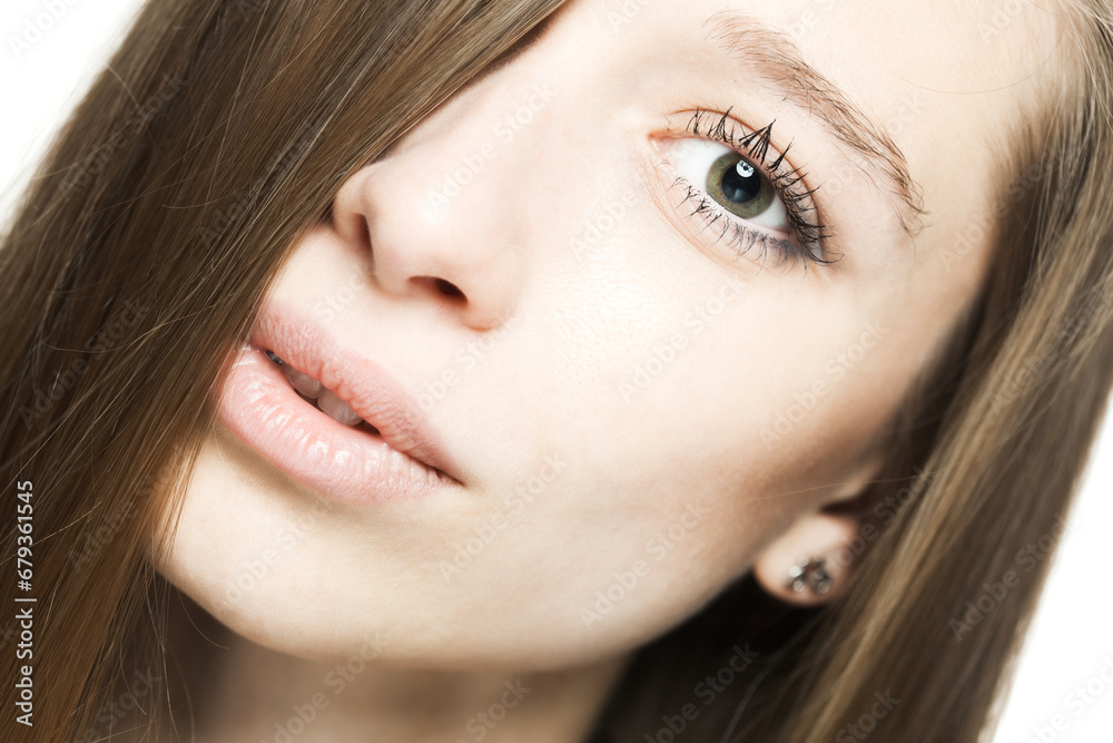 close up studio face portrait of a beautiful brunette girl with happy positive expression looking at camera... close up studio face portrait of a beautiful brunette girl with happy positive expression looking at camera...