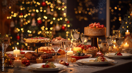 christmas dinner with beverages and snacks, a table is set with christmas food