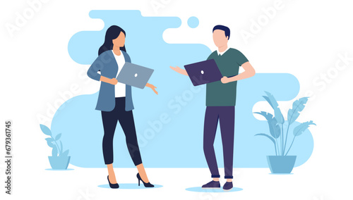 Man and woman talking - Two people, man and woman at work standing and having conversation and dialogue together holding laptop computers in hands. Flat design vector illustration on white background