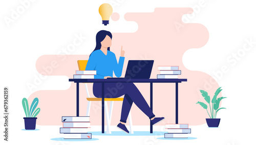 Student with idea - Young female person sitting at desk doing schoolwork with laptop computer and books, learning at taking education course online. Flat design vector illustration on white background