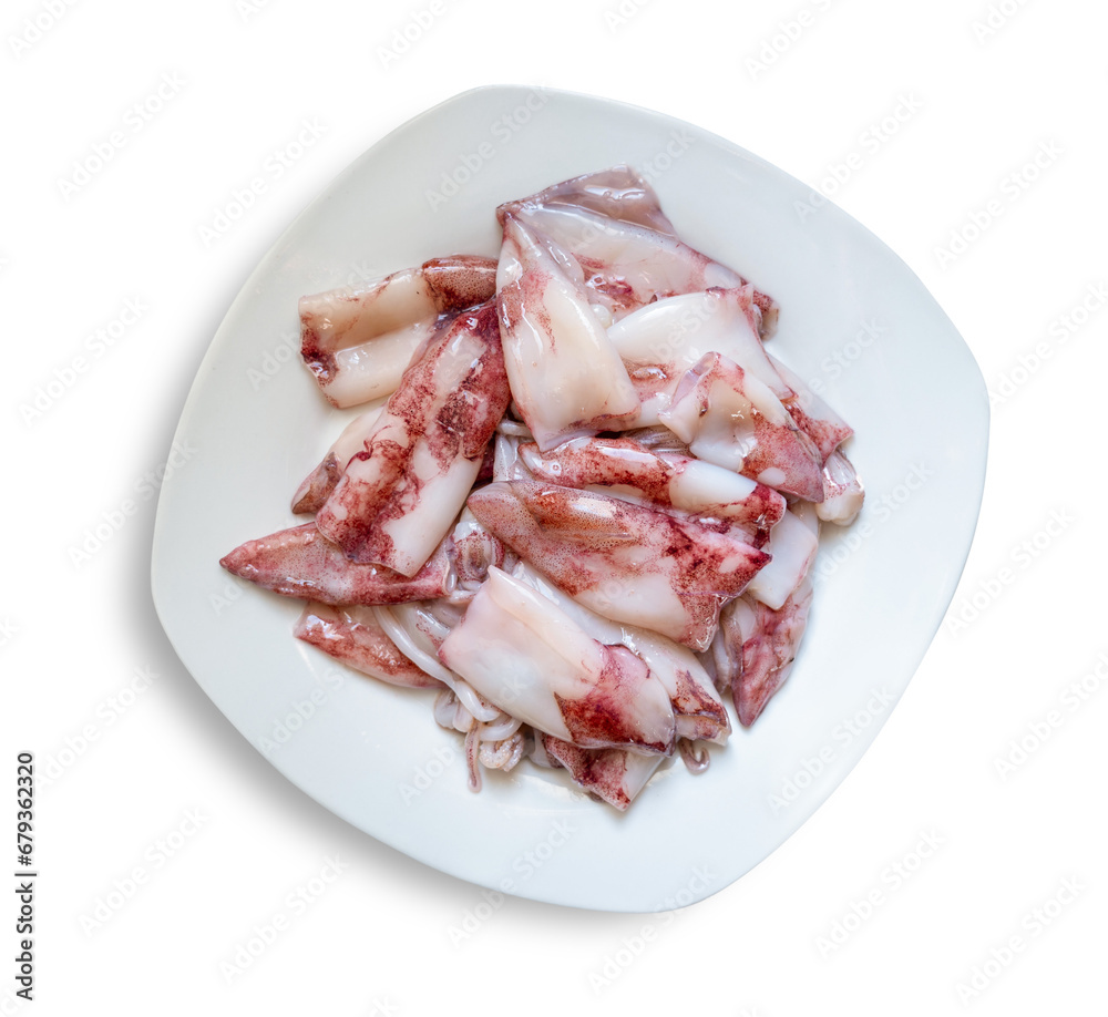 uncooked squid dish isolated on transparent background, top view