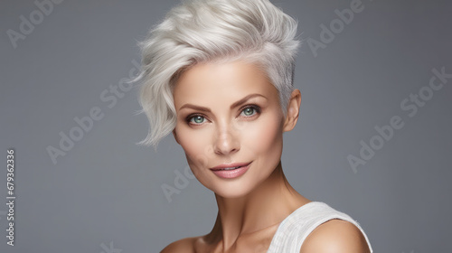 Closeup portrait of cute blond adult business woman in luxury fashionable formal wear