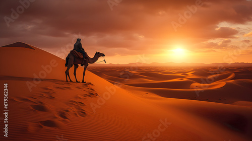 A Man Riding a Camel in the Desert Looking at the Sunset