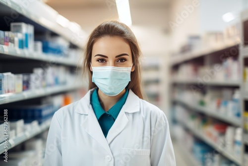 Portrait of young Caucasian female pharmacist wearing protective mask among shelves with medicines in a pharmacy. Experienced confident professional in the workplace. Healthcare and hygiene concept.