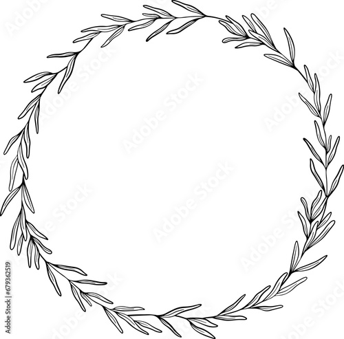 Wreath of Lavender leaves line art drawing. Hand drawn black ink sketch. Design for wedding invitation, logo, cards, packaging and labeling. Botanical rustic trendy greenery vector illustration.