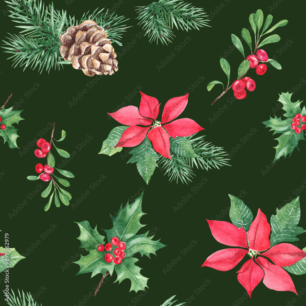 Christmas hand drawn seamless pattern with winter plants. Forest pine branches with cone, holly with red berries, red poinsettia and cowberry or lingonberry on dark green background. For fabric or Christmas hand drawn seamless pattern with winter plants. Forest pine branches with cone, holly with red berries, red poinsettia and cowberry or lingonberry on dark green background. For fabric or