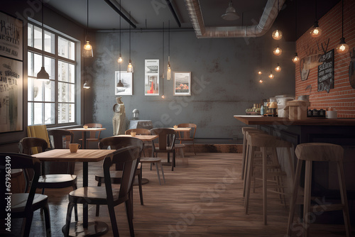 Cozy interior of modern cafe with gray walls and wooden furniture. Comfortable dining place