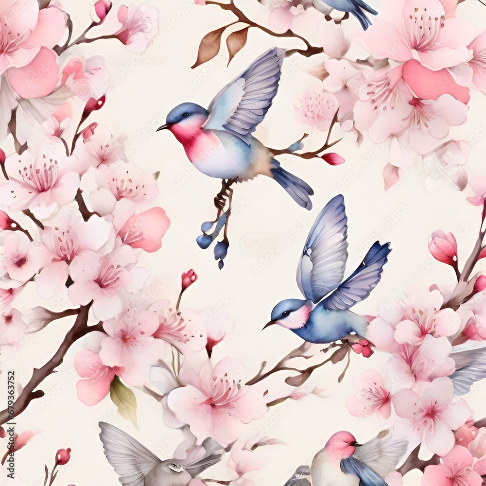 Watercolor cherry blossom pattern, generative ai