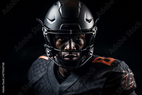 Close-up studio shot of professional American football player in black jersey. Determined, powerful, skilled African American athlete wearing helmet with protective mask. Isolated in black background. © Georgii