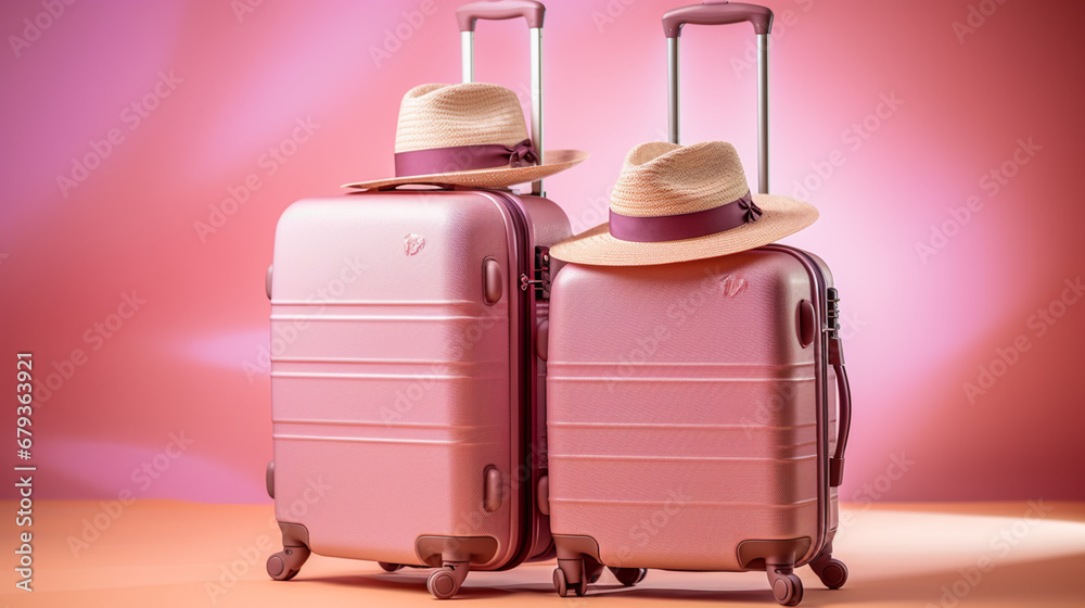 Pink suitcase with traveler accessories on pastel pink background. travel concept.minimal style. 3d rendering