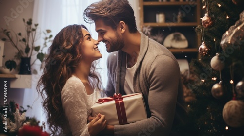wedding or husband couple celebrating christmas and new year at home with gifts photo