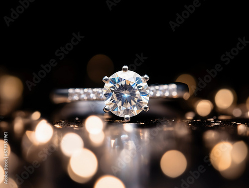 Macro shot, diamond engagement ring, floating against a bokeh background, glittering highlights, platinum band